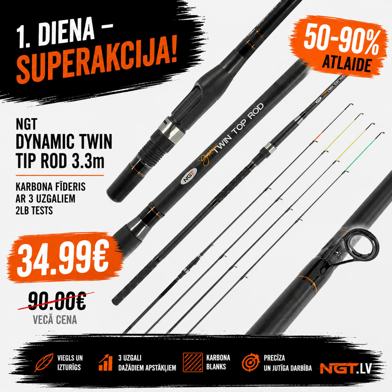 NGT Dynamic Twin Tip rod | 3.3 m | 2 lb. karbona vieglais fīderis