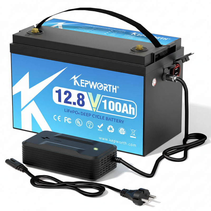 Akumulators KEPWORTH Lithium LifePo4 12V 100Ah ar 2x USB 332x176x220mm 10.9kg IP65 Waterproof (ar lādētāju)