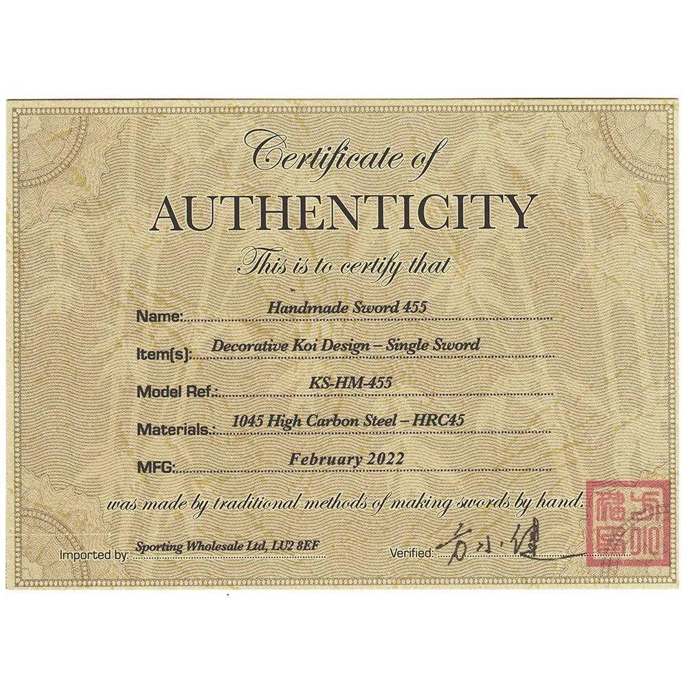 Zen Koi karpu dizaina zobens - Roku darinājums + statīvs, Hand Made Sword Set 455 Zen Koi Pond design