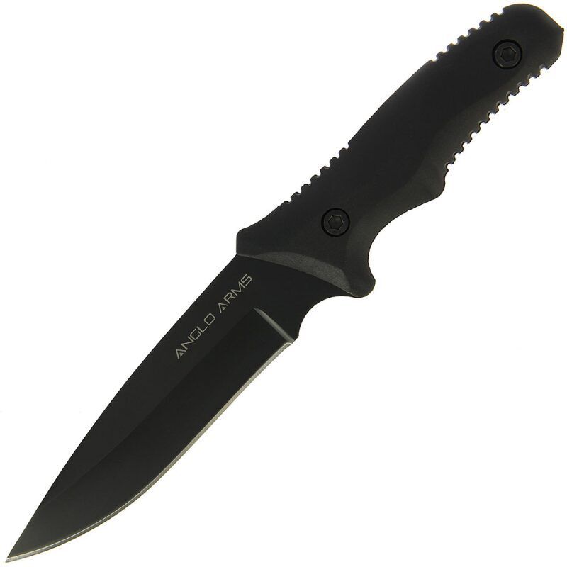 Anglo Arms Fixed Blade Knife 953 Nerūsējoša tērauda melns nazis ar kaķeni, bumbiņām, asināmajiem un uguns starteri