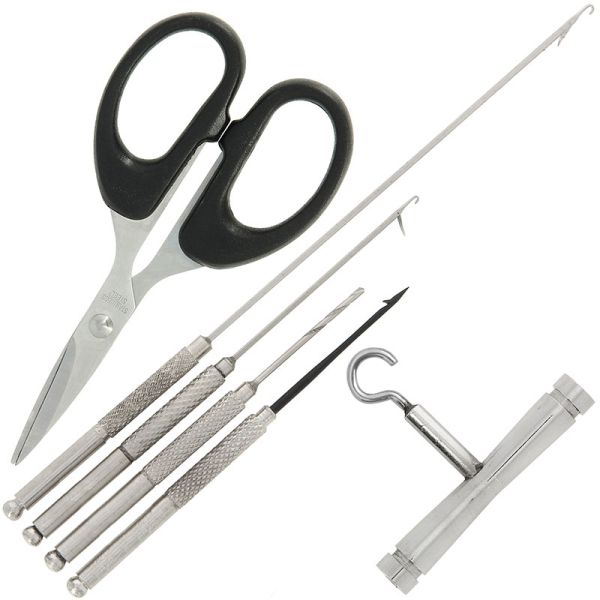 NGT Deluxe 6pc stainless steel baiting tools, 6 daļ. komplekts - adatas, urbītis, šķēres, mezglu vilcējs