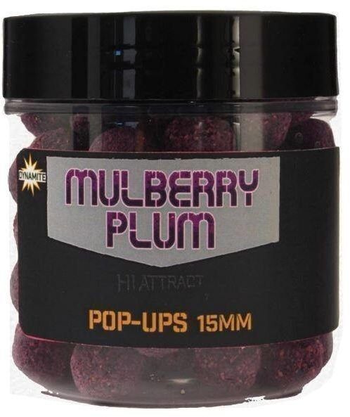 Dynamite 15mm Mulberry Plum Foodbait Pop-ups, Zīdkoka un plūmju garšas peldošās boilas