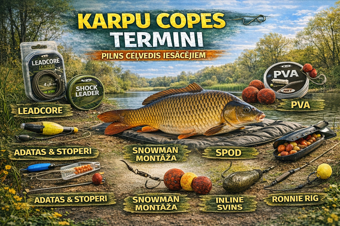 Karpu copes termini iesācējiem – Leadcore, PVA, Pop-Up, Marker un citas montāžas
