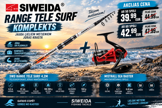 Komplekts butēm Siweida Range Tele Surf 4,2m 100-300g + Mistrall Sea Baster