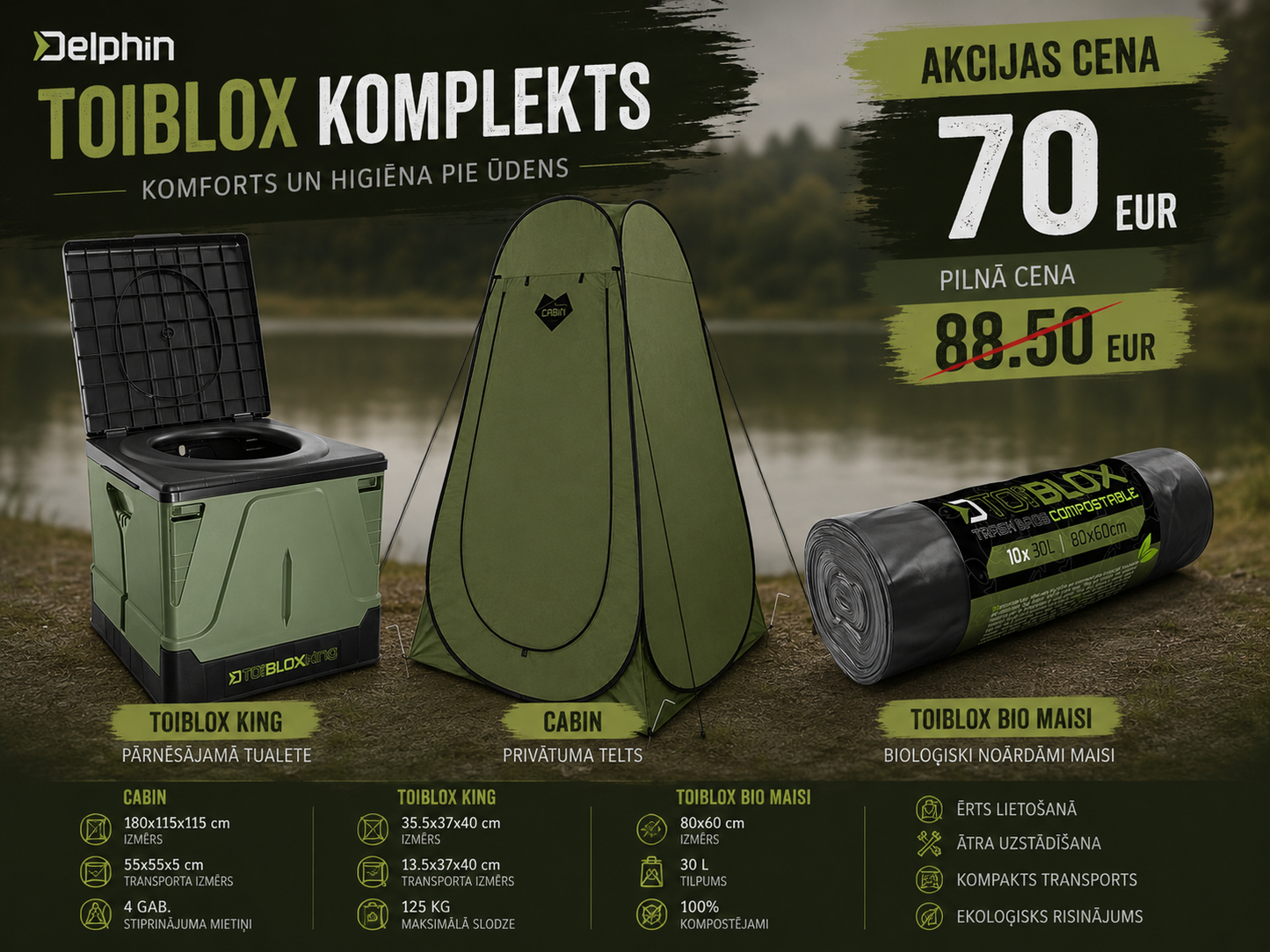 Delphin CABIN + ToiBLOX King + ToiBLOX bioloģiski noārdāmo maisu komplekts
