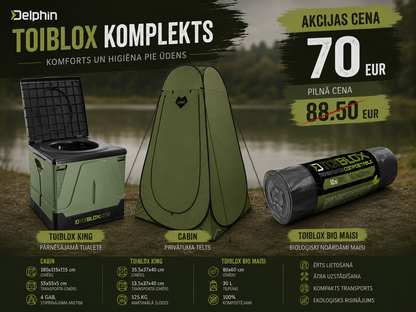 Delphin CABIN + ToiBLOX King + ToiBLOX bioloģiski noārdāmo maisu komplekts