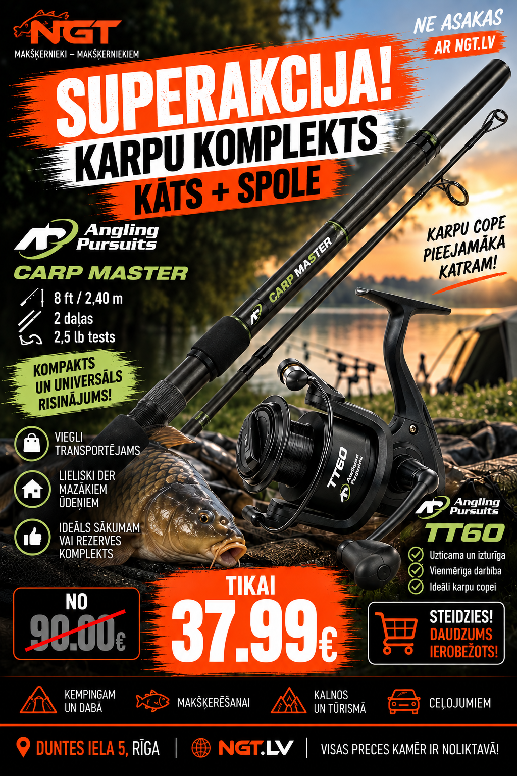 īsais Karpu makšķerēšanas komplekts Angling Pursuits Carp Master - 8ft, 2pc, 2.5lb + Angling Pursuits TT 60