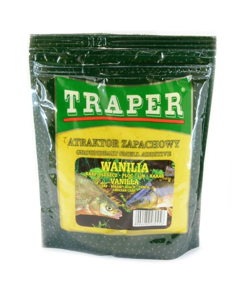 TRAPER Atraktor Vanilla 250g ir intensīvs vaniļas aromāta un garšas atraktors, kas paredzēts karpu dzimtas un citu miermīlīgo zivju pievilināšanai. Saldais, izteiktais vaniļas aromāts pastiprina iebarojamā maisījuma pievilcību un palīdz ilgāk noturēt zivju interesi barošanas vietā.

Īpaši piemērots copei ūdenstilpēs ar augstu makšķerēšanas presingu, kur nepieciešams izteiksmīgāks iebarojamās barības aromāts. Lieliska piedeva karpu copei un fīdermakšķerēšanai.