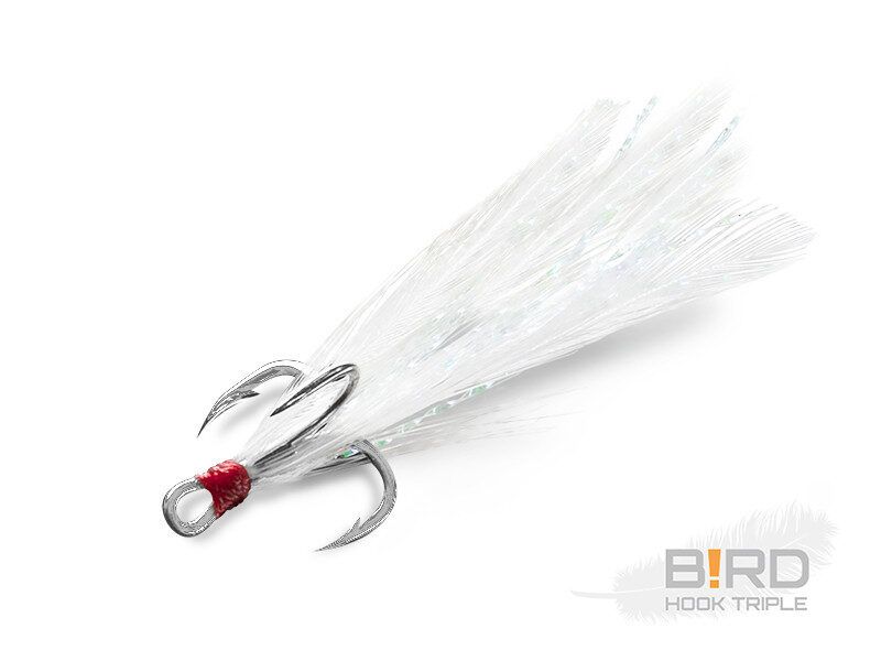 Trīsžuburu āķi Delphin B!RD Hook TRIPLE RED ar spalvām baltā krāsā 3gab.