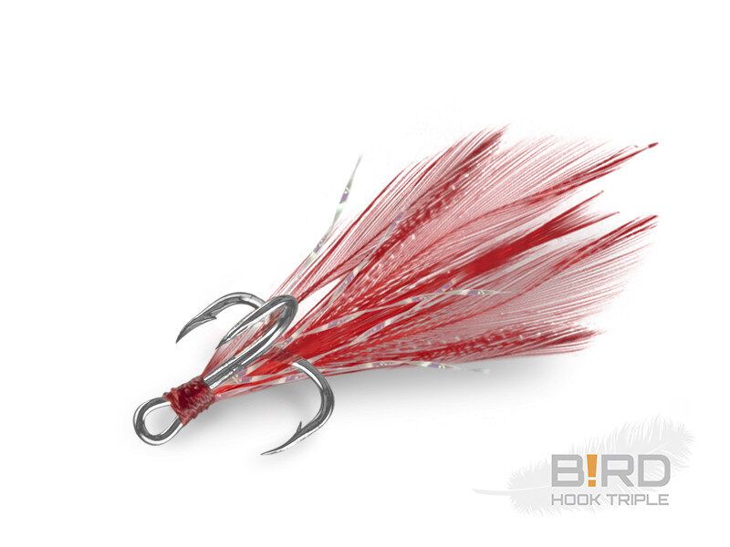 Trīsžuburu āķi Delphin B!RD Hook TRIPLE RED ar spalvām sarkanā krāsā 3gab.