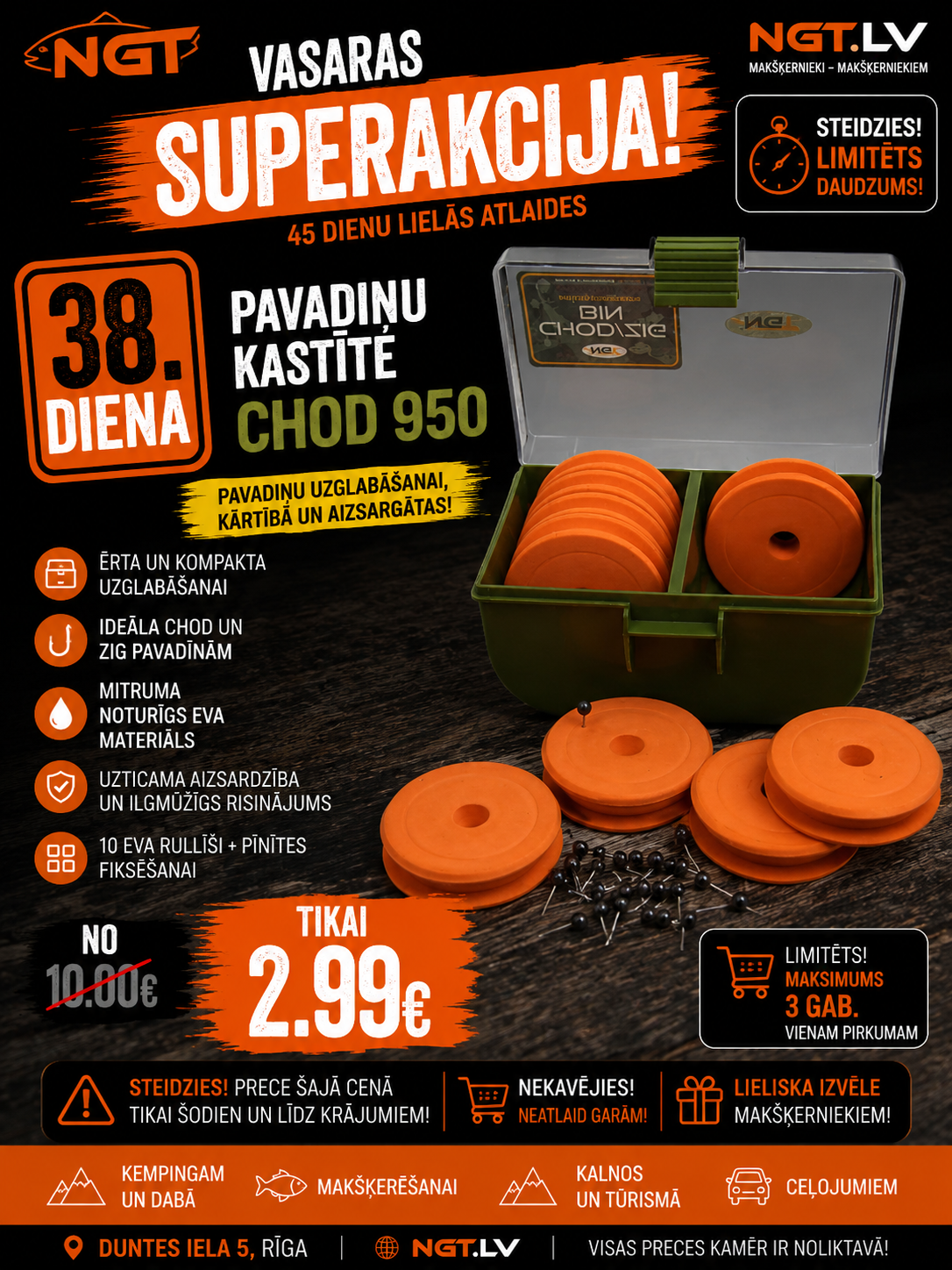 Pavadiņu kastīte NGT Rig Box 950 - 10 EVA Large Chod / Zig Rig Bin Winders