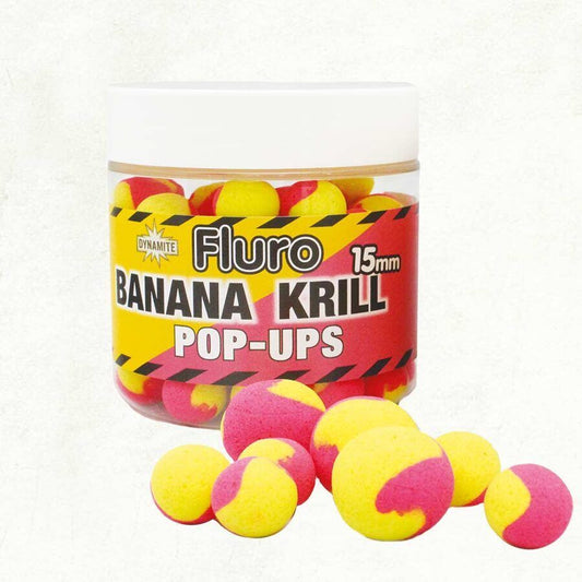 Dynamite Baits Pop Up Dynamite 15mm Two Tone Fluro Banana & Krill Produkts
