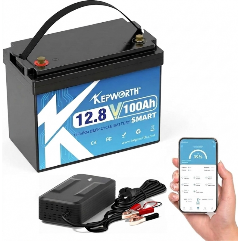 Akumulators KEPWORTH Lithium LifePo4 Smart 12V 100Ah MINI Bluetooth (260x168x215mm, 10kg) IP65 Waterproof (ar lādētāju)