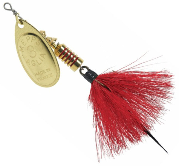 Rotiņš Mepps Aglia Mouche Gold Red Fly