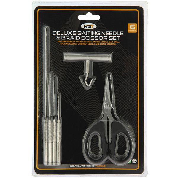 NGT Deluxe 6pc stainless steel baiting tools, 6 dalių komplektas – adatos, grąžtelis, žirklės, mazgų užveržimo įrankis