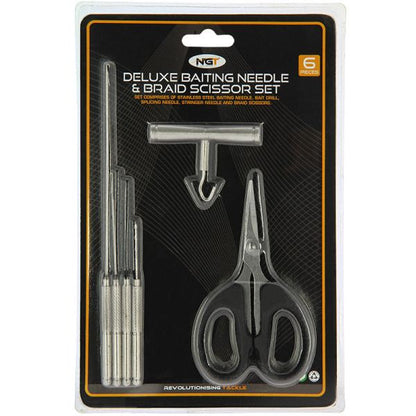 NGT Deluxe 6pc stainless steel baiting tools, 6 daļ. komplekts - adatas, urbītis, šķēres, mezglu vilcējs