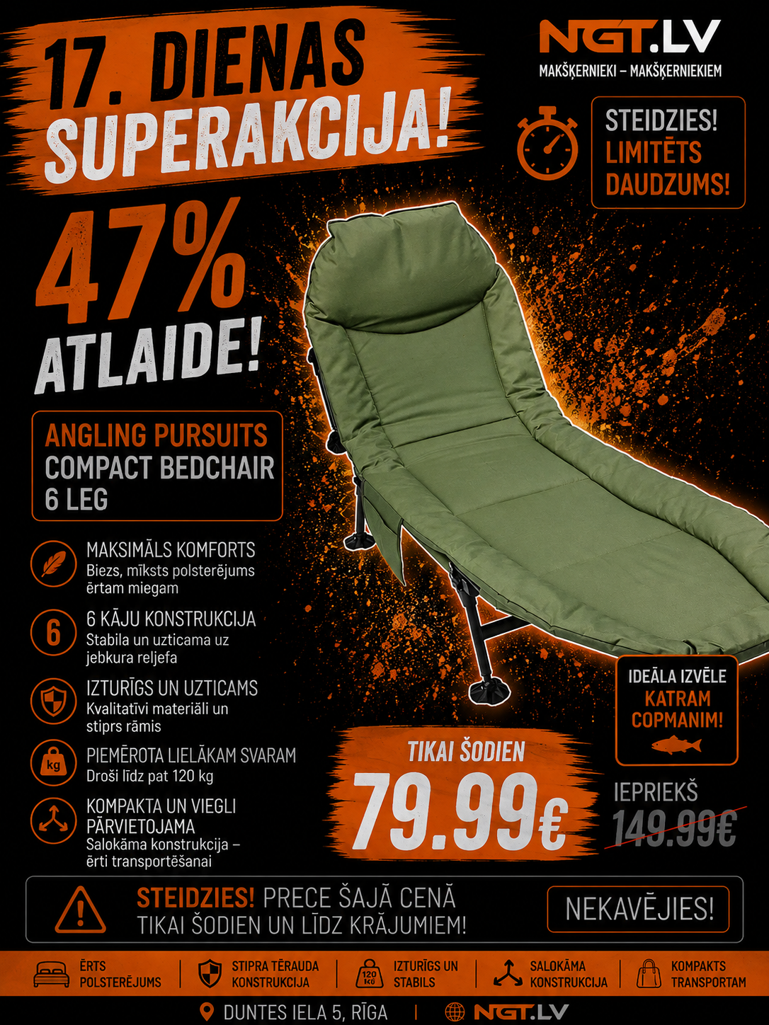 Gulta Angling Pursuits Compact Bed Chair - 6 Leg