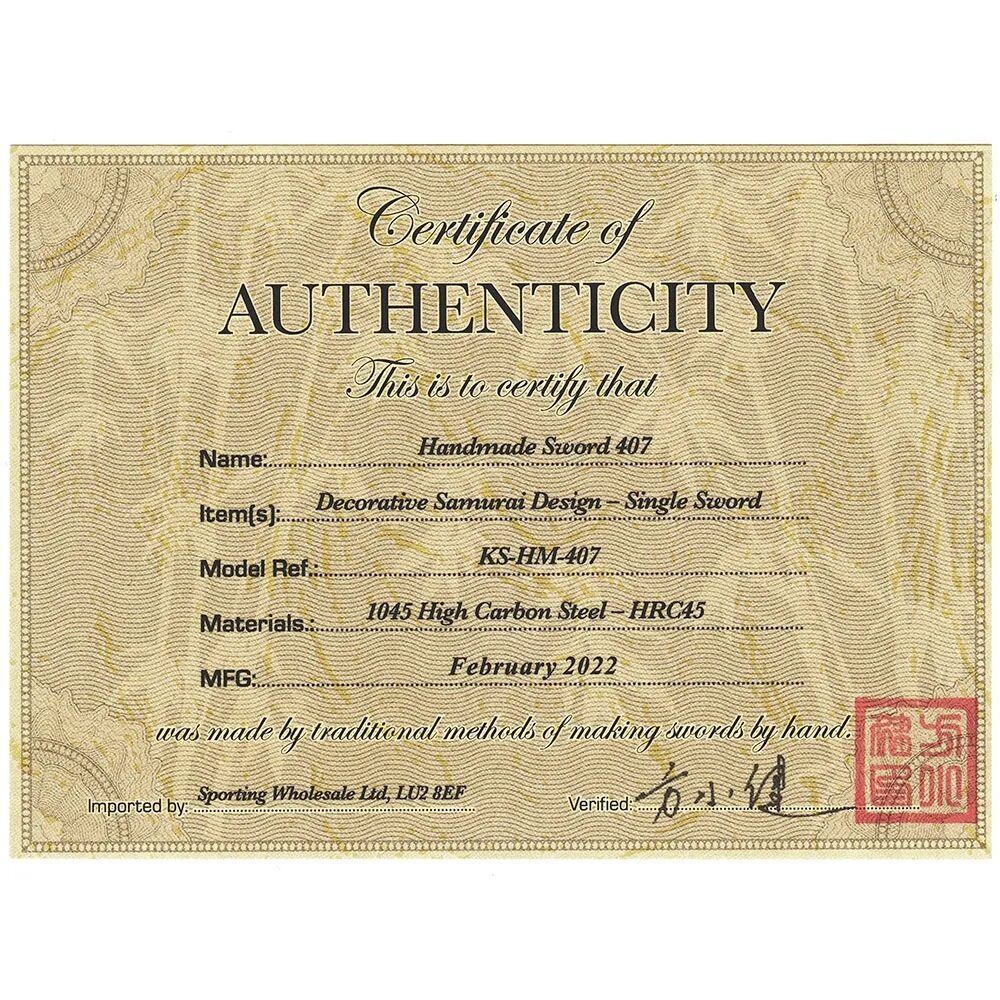 Samuraja dizaina zobens - Roku darinājums + statīvs, Hand Made Sword Set 407 Lone samurai design