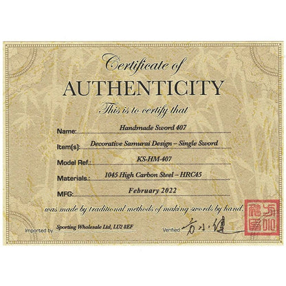 Samuraja dizaina zobens - Roku darinājums + statīvs, Hand Made Sword Set 407 Lone samurai design