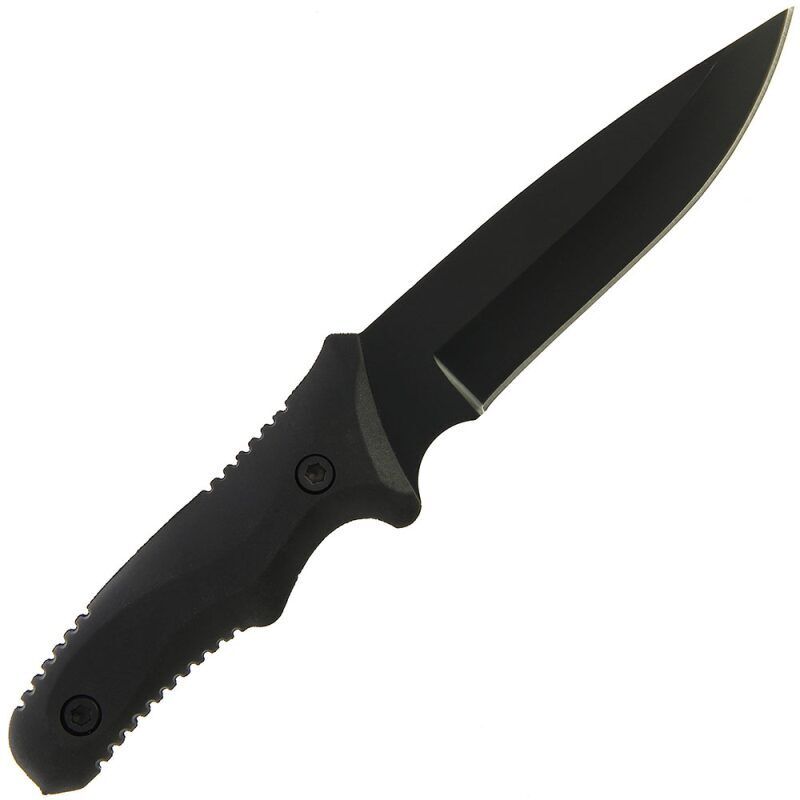 Anglo Arms Fixed Blade Knife 953 Nerūsējoša tērauda melns nazis ar kaķeni, bumbiņām, asināmajiem un uguns starteri