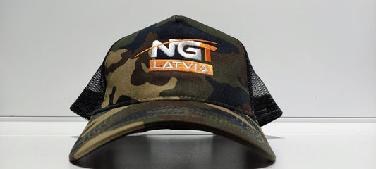 NGT Latvia LOGO kamuflāžas cepure ar sietu, Camo trucker cap