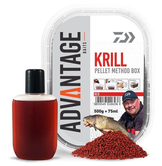 Daiwa Advantage Pellet Method Box Krill, Krila peletes ar likvīdu komplekts