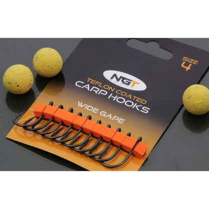 10 teflona karpu āķi - micro barbed, Curved shank / Long shank / Wide gape (Japāna)