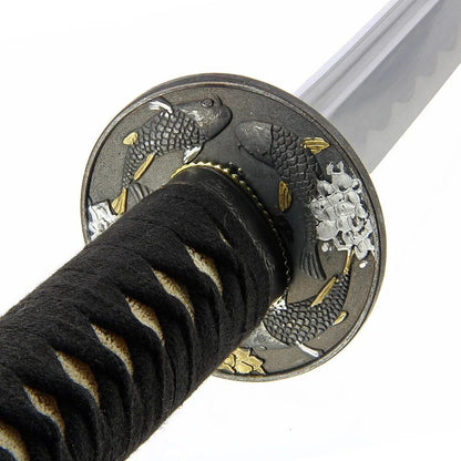 Zen Koi karpu dizaina zobens - Roku darinājums + statīvs, Hand Made Sword Set 455 Zen Koi Pond design