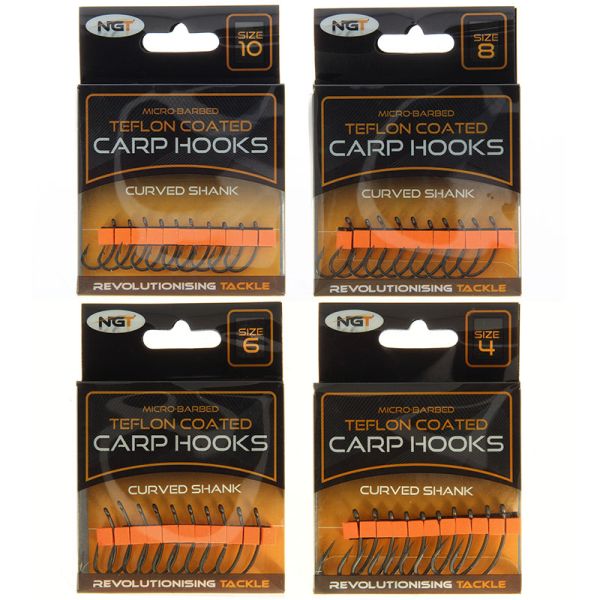 10 teflona karpu āķi - micro barbed, Curved shank / Long shank / Wide gape (Japāna)