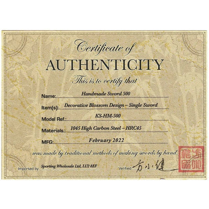 Ziedu dizaina zobens - Roku darinājums + statīvs, Hand Made Sword Set 500 Blossom design