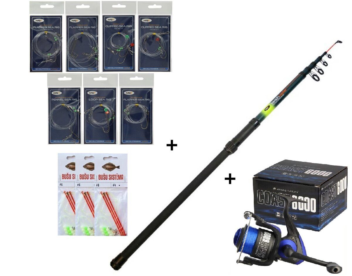 LĒTĀKAIS! Jūras makšķerēšanas komplekts bušu - 3.6m teleskopiskais kāts + 6000 spole + 3 gatavās sistēmas