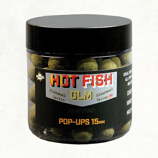 Dynamite 15mm Hot Fish & GLM Foodbait Pop-ups, peldošās boilas