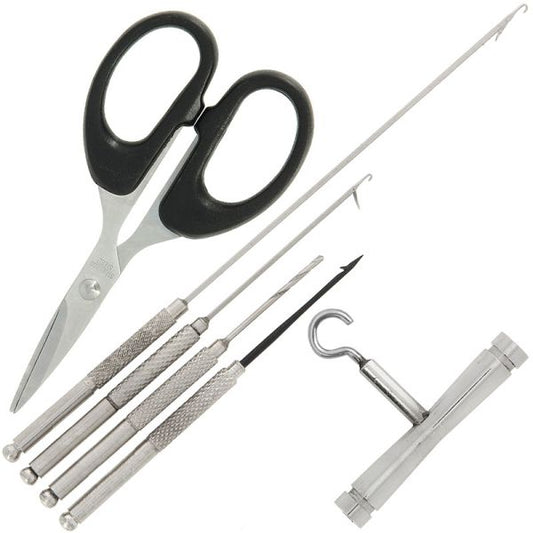 NGT Deluxe 6pc stainless steel baiting tools, 6 daļ. komplekts - adatas, urbītis, šķēres, mezglu vilcējs