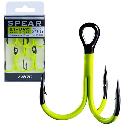 BKK Spear-21 UVO Treble Hooks , Trīsžuburu āķi dzeltenā fluo krāsā, 9 izmēri