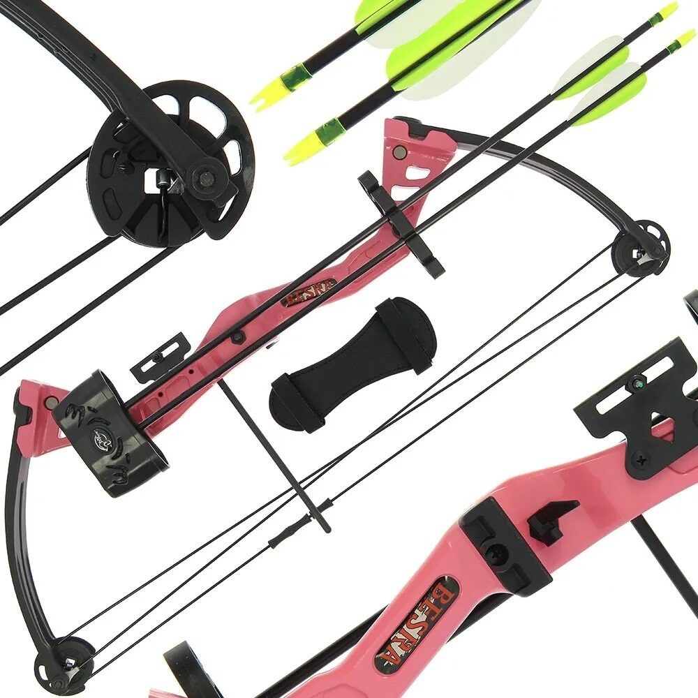 25LB Besra Compound Bow in Pink, Rozā compound tipa loks ar 12kg atvilkšanas spēku + bultas