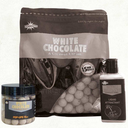 Dynamite 15mm White Chocolate & Coconut Cream Foodbait Pop-ups, Baltā šokolāde un kokosriekstu krēma pop up
