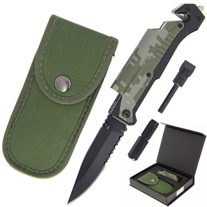 Anglo Arms Lock Knife With Torch & Firesteel / 6-1  komplekta nazis ar lāpu un ugunsdrošu tēraudu melnā kastītē